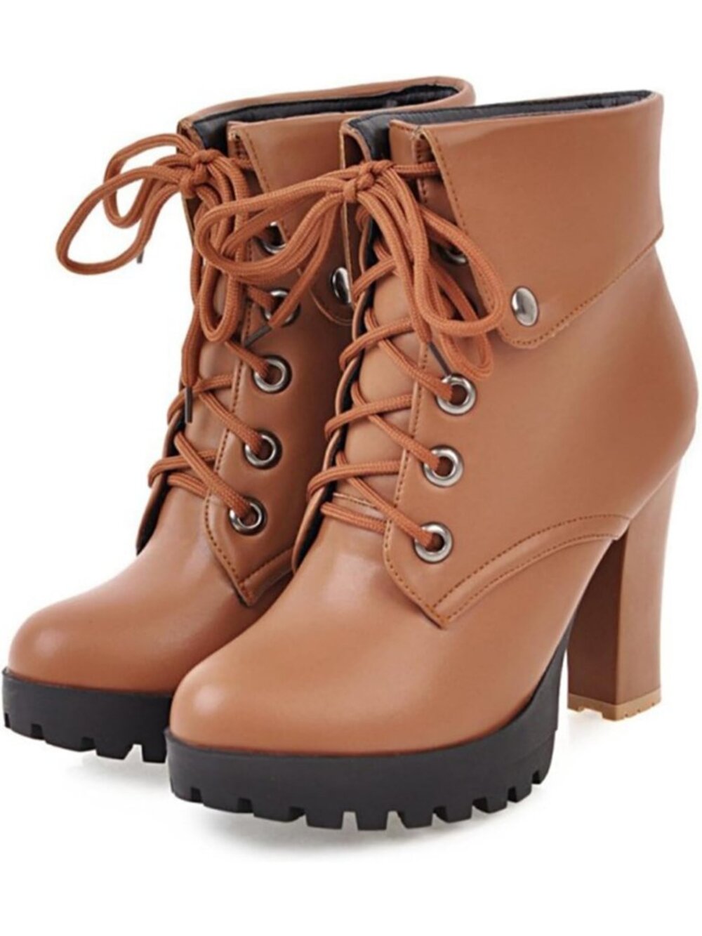 Women's Brown Buckle Rivet Goth Block Heel Round Toe Zipper Ankle Boots